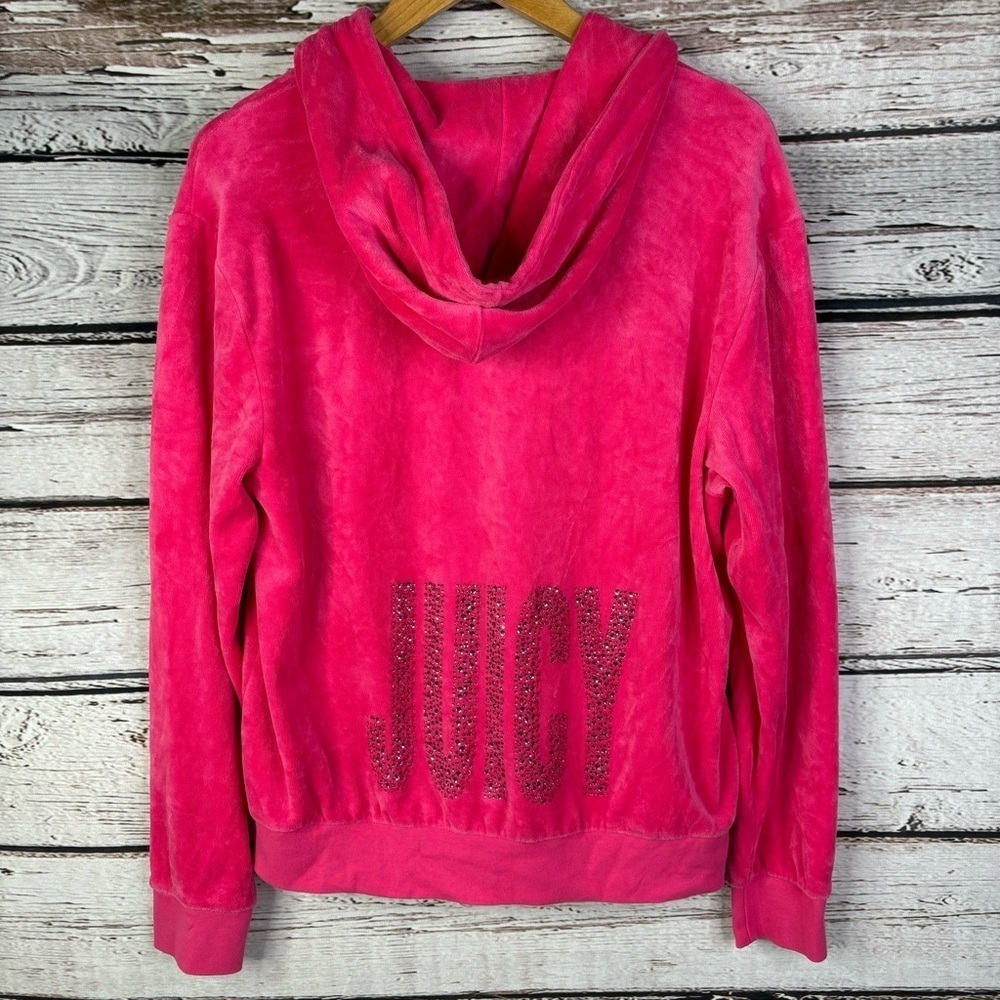 Vintage Y2K‎ Juicy Couture Medium Rhinestone JUICY Pink Velour Hoodie Sweatshirt
